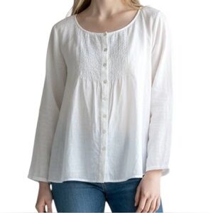 Eileen Fisher white organic cotton button down shirt Embroidered accents Size MP